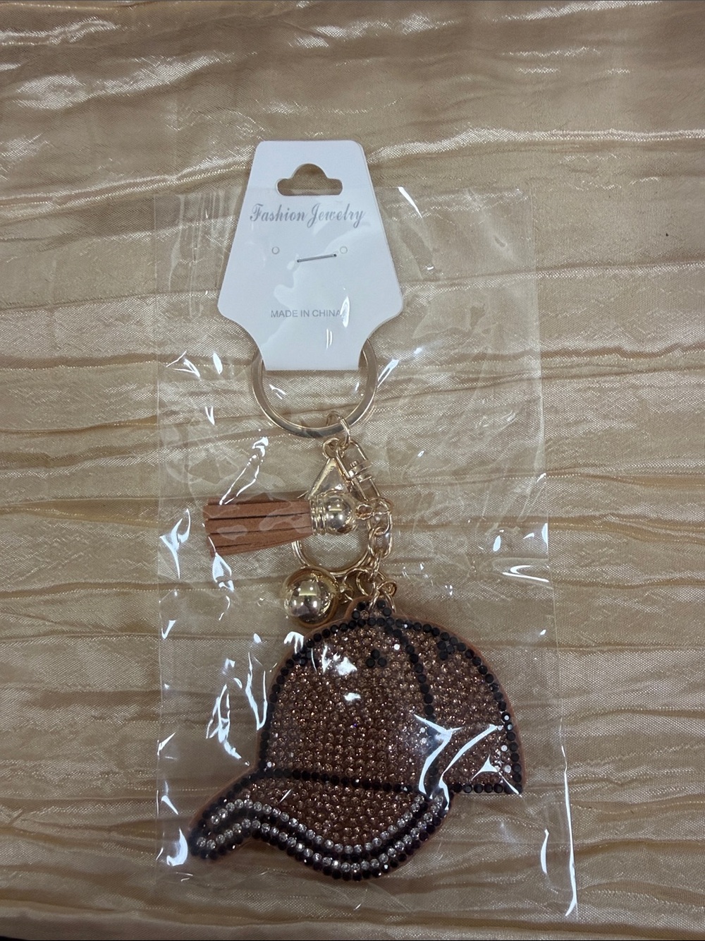 Fashion Jewelry Brown and Gold Crystal Baseball Cap Keychain Charm